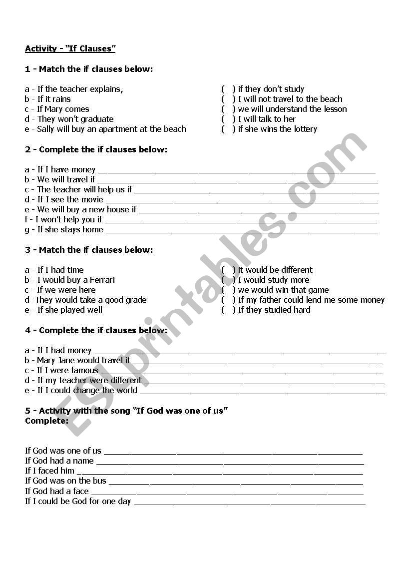 If clauses Activity worksheet
