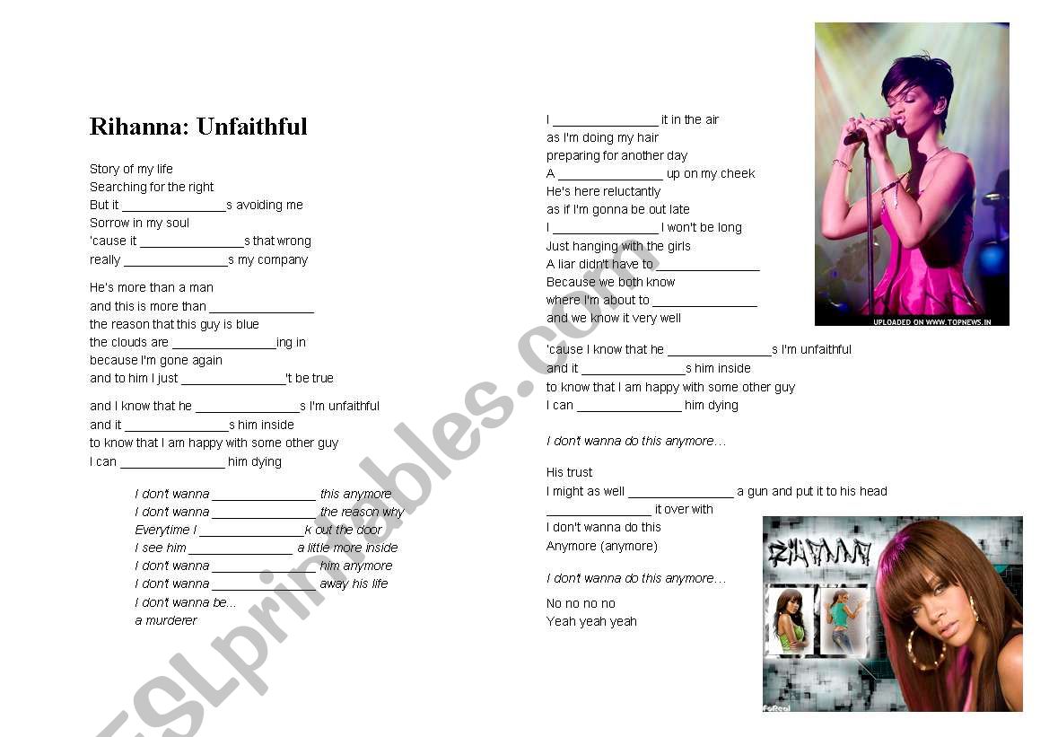 Rihanna: Unfaithful worksheet