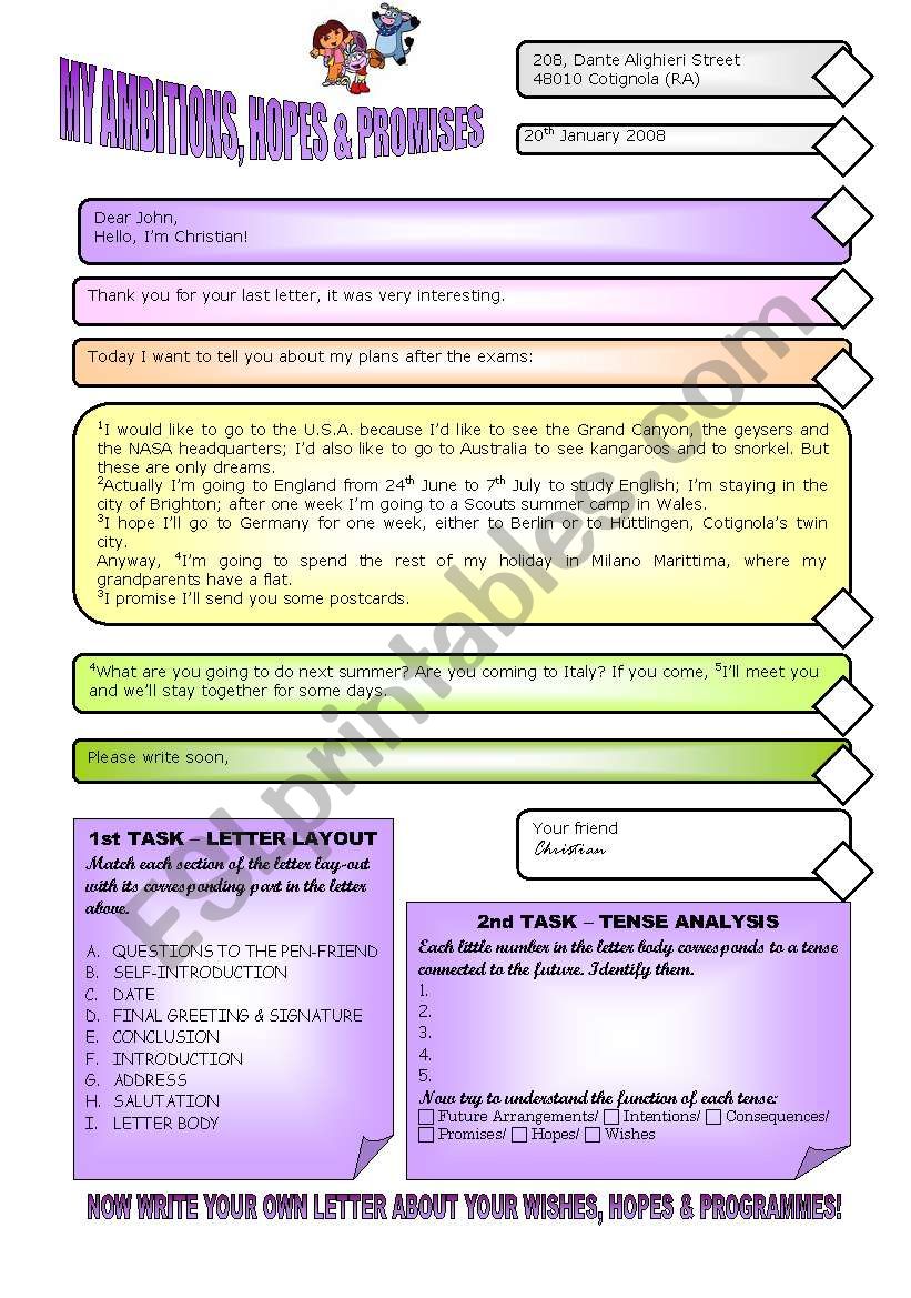 LETTER - MY AMBITIONS, HOPES & PROMISES - ESL worksheet by cerix64