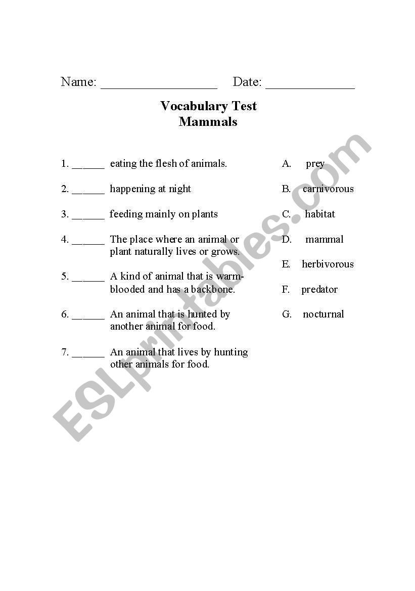 Mammals Vocabulary worksheet
