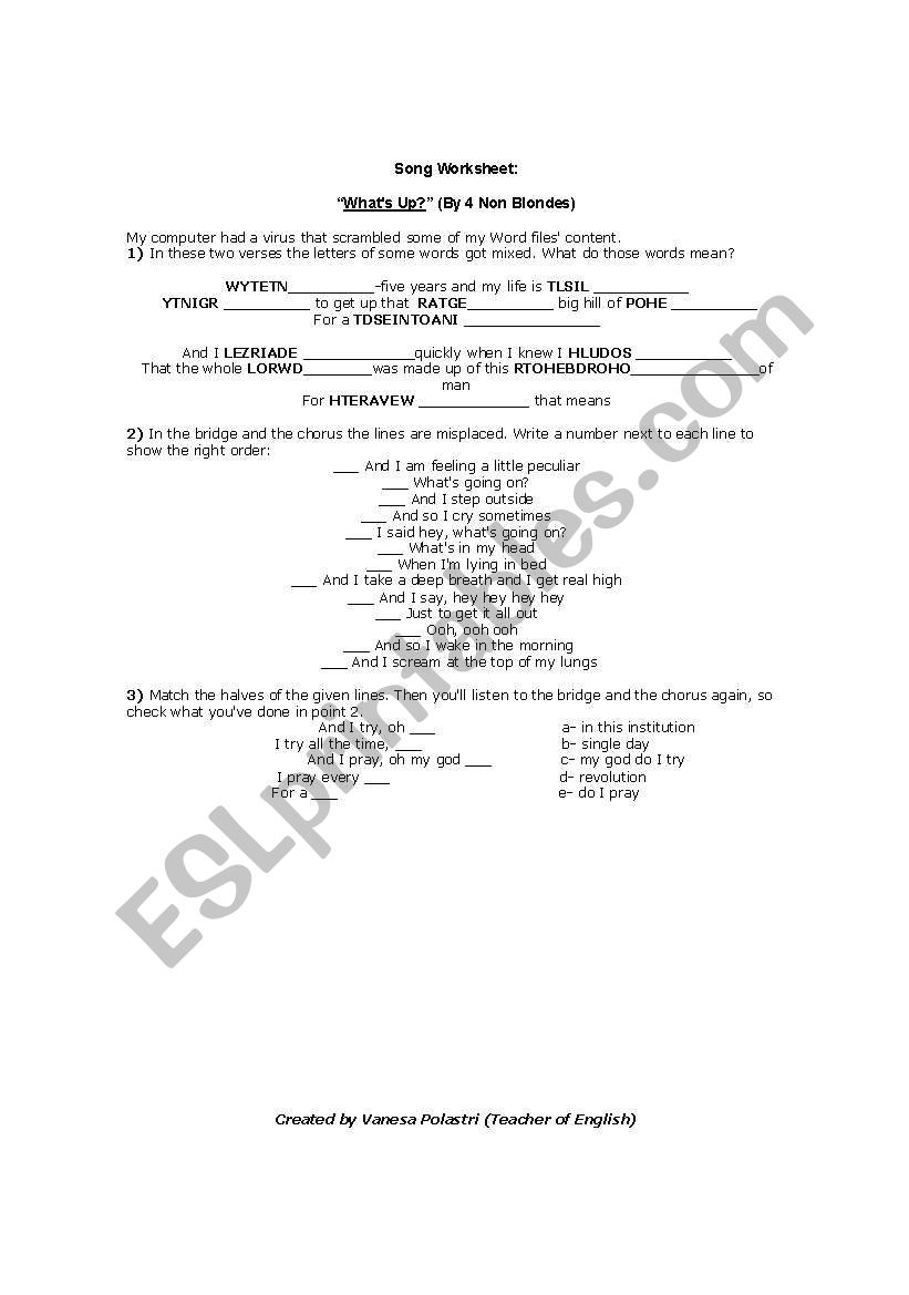 Song Worksheet: Whats Up? (By 4 Non Blondes) 
