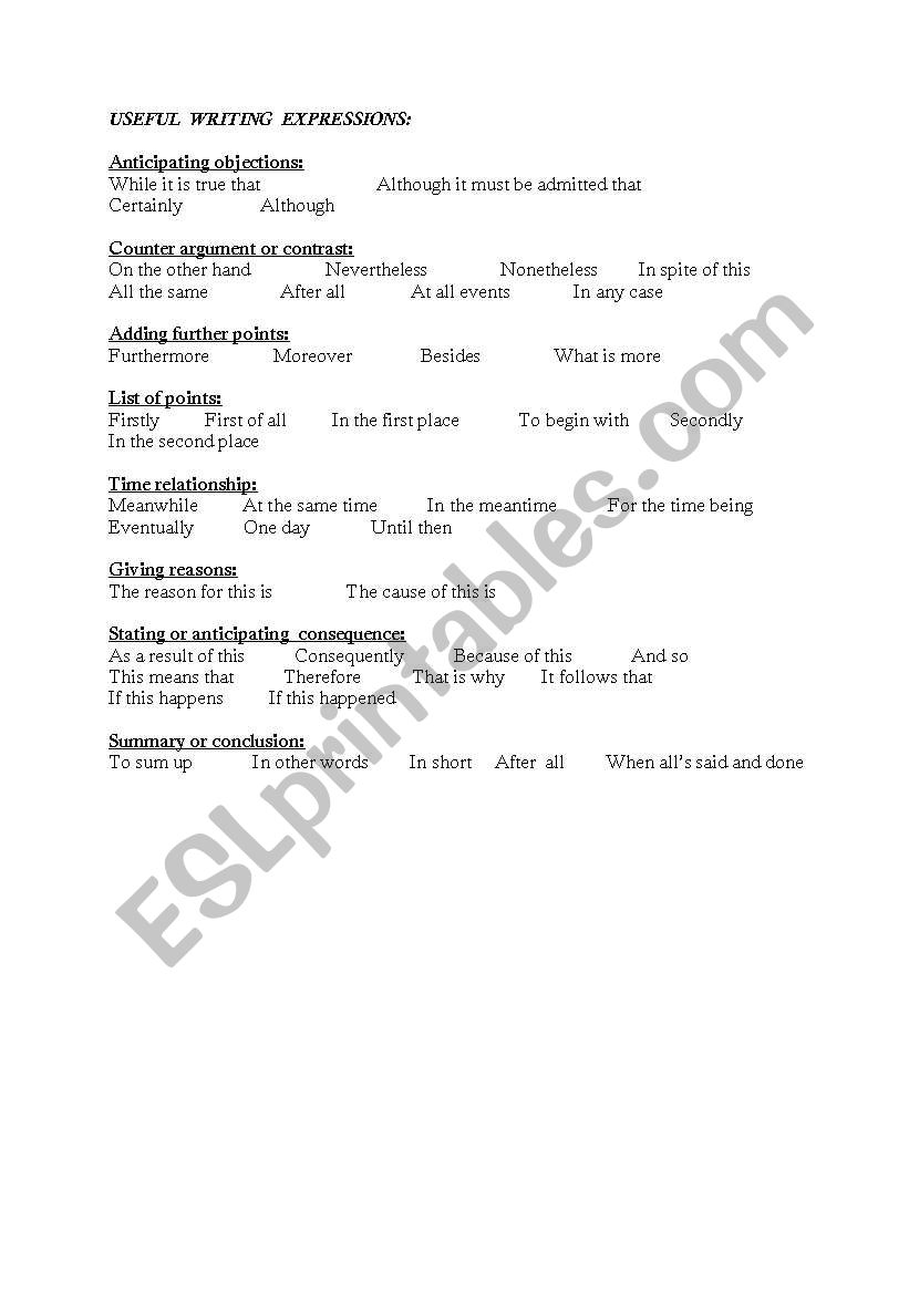 Useful writing expressions worksheet