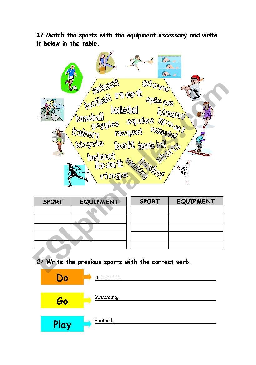 Sports and sports equipment worksheet