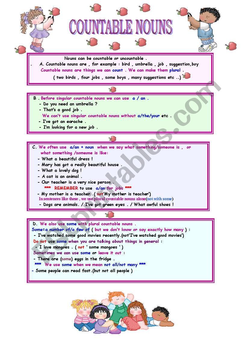 COUNTABLE NOUNS (2 PAGES) worksheet