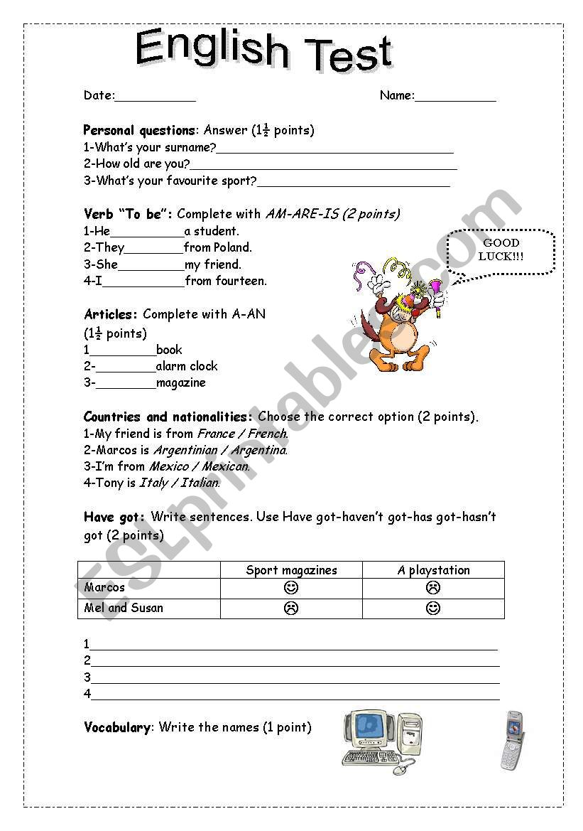 Quick elementary test worksheet