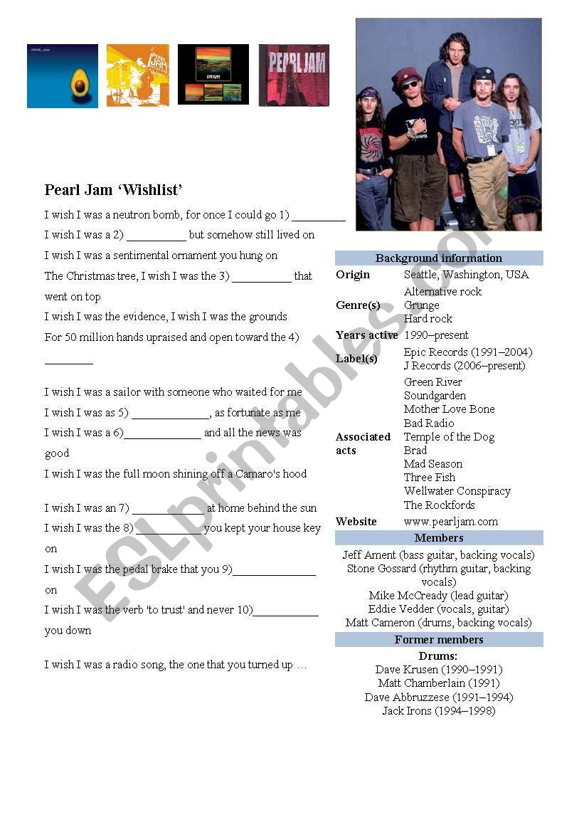 Wishlist by Pearl Jam worksheet