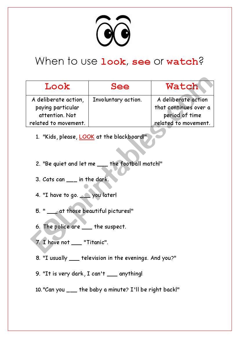 Synonyms Look, See, Watch worksheet