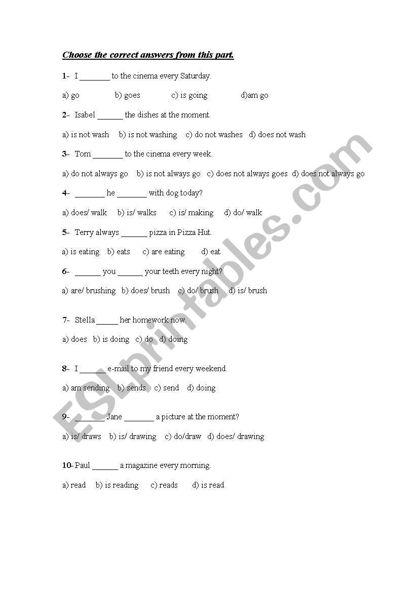 multiple choice simple present and  present continuous