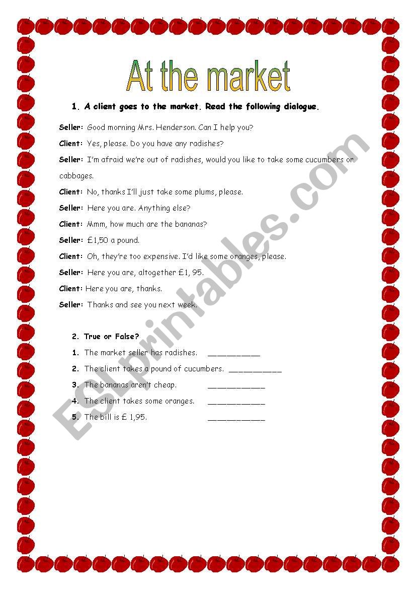 at the market worksheet