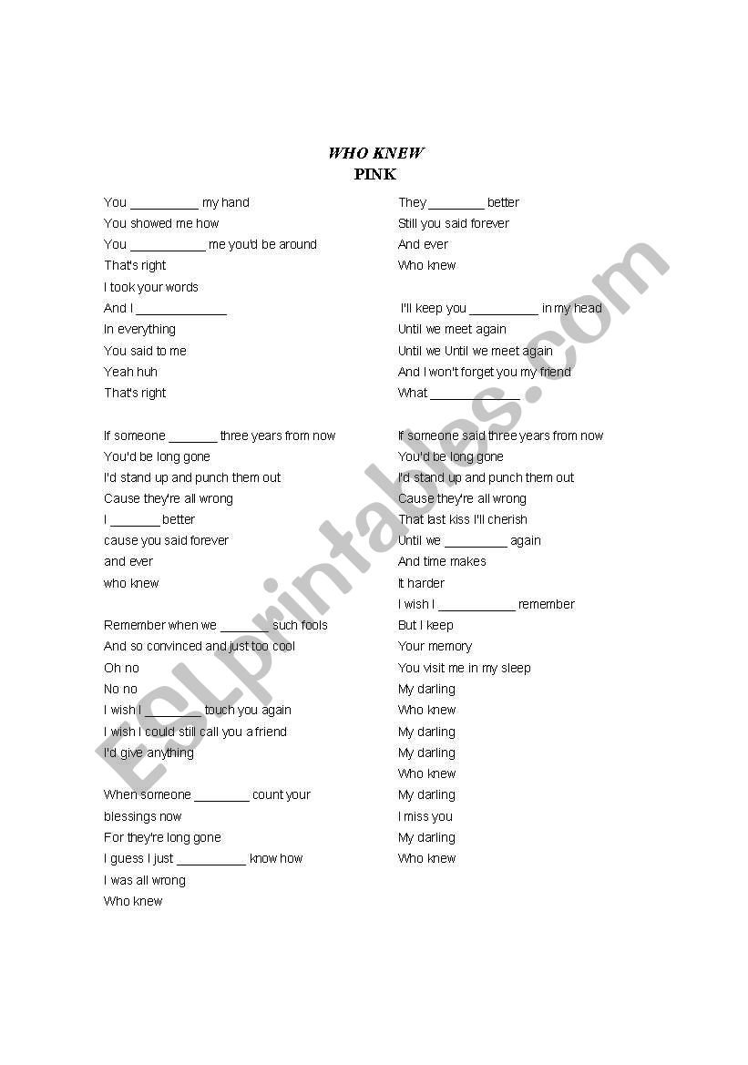 SONG WHO KNEW - SIMPLE PAST worksheet