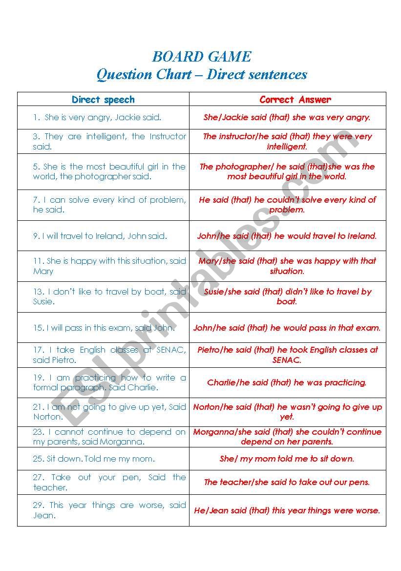 Board game worksheet