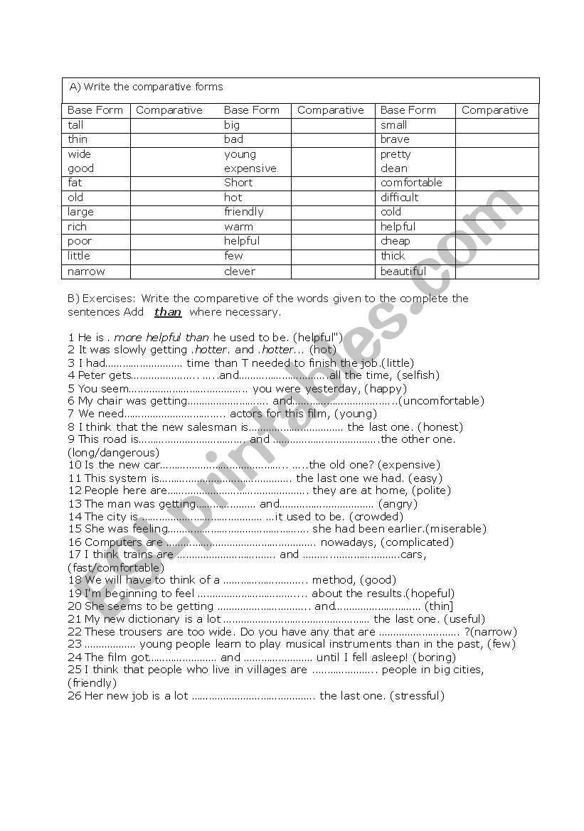 comparatves worksheet