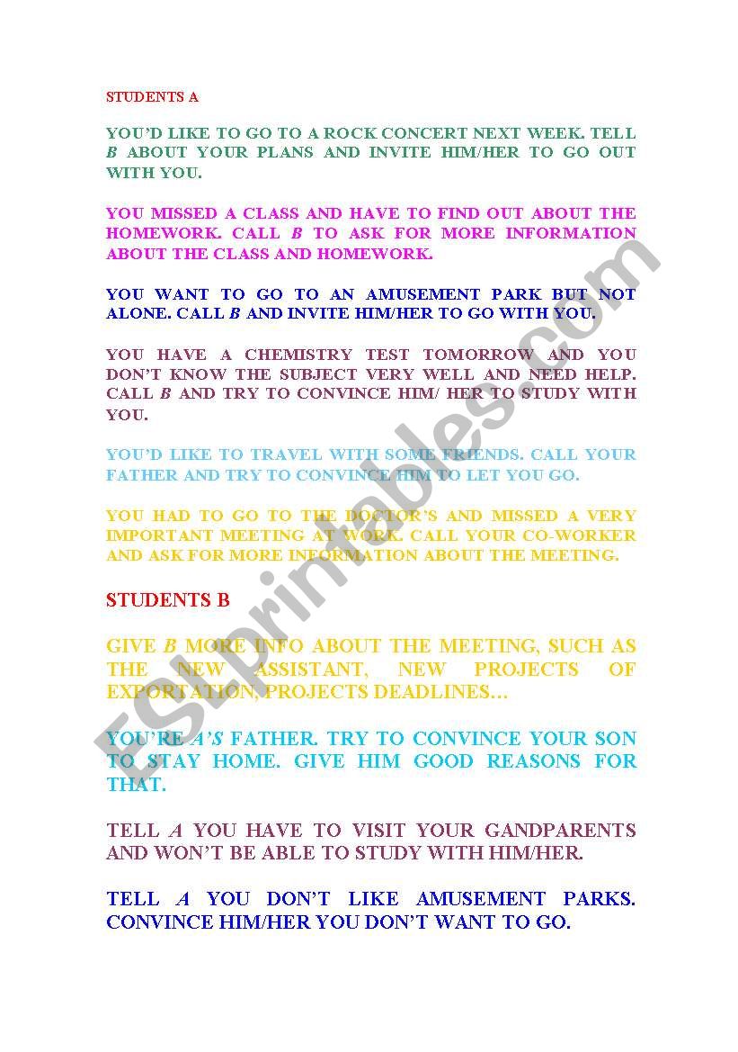 ROLE PLAY PHONE CONVERSATIONS worksheet
