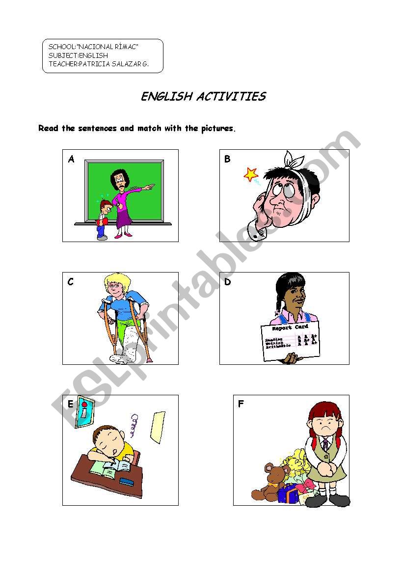 past activities to match worksheet