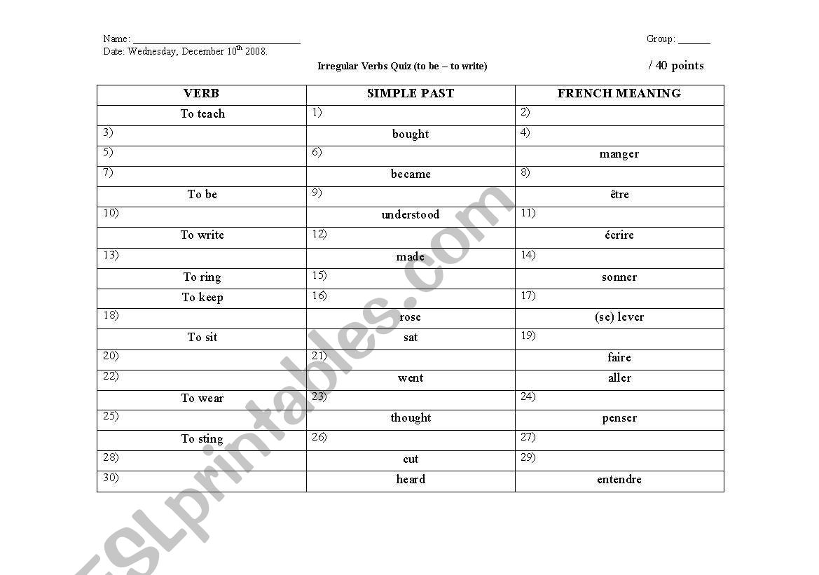 Final irregular verbs quiz f worksheet