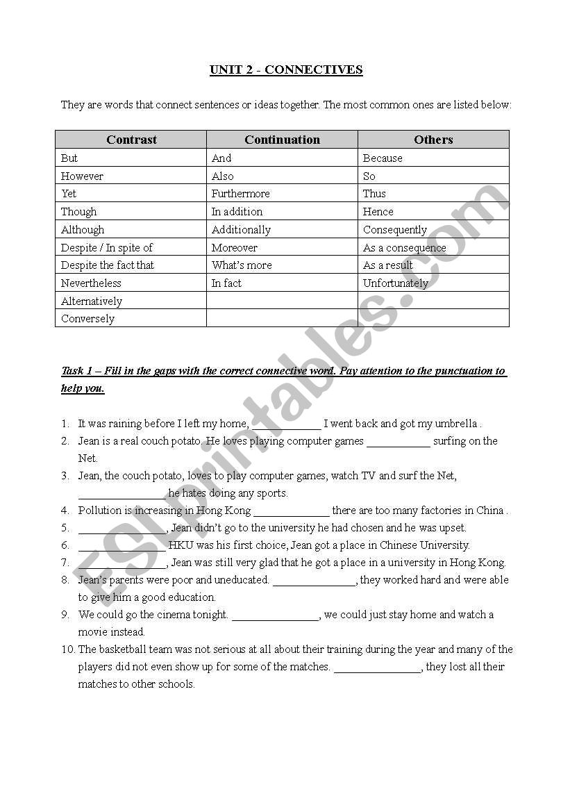 Conjunctions and connectives worksheet