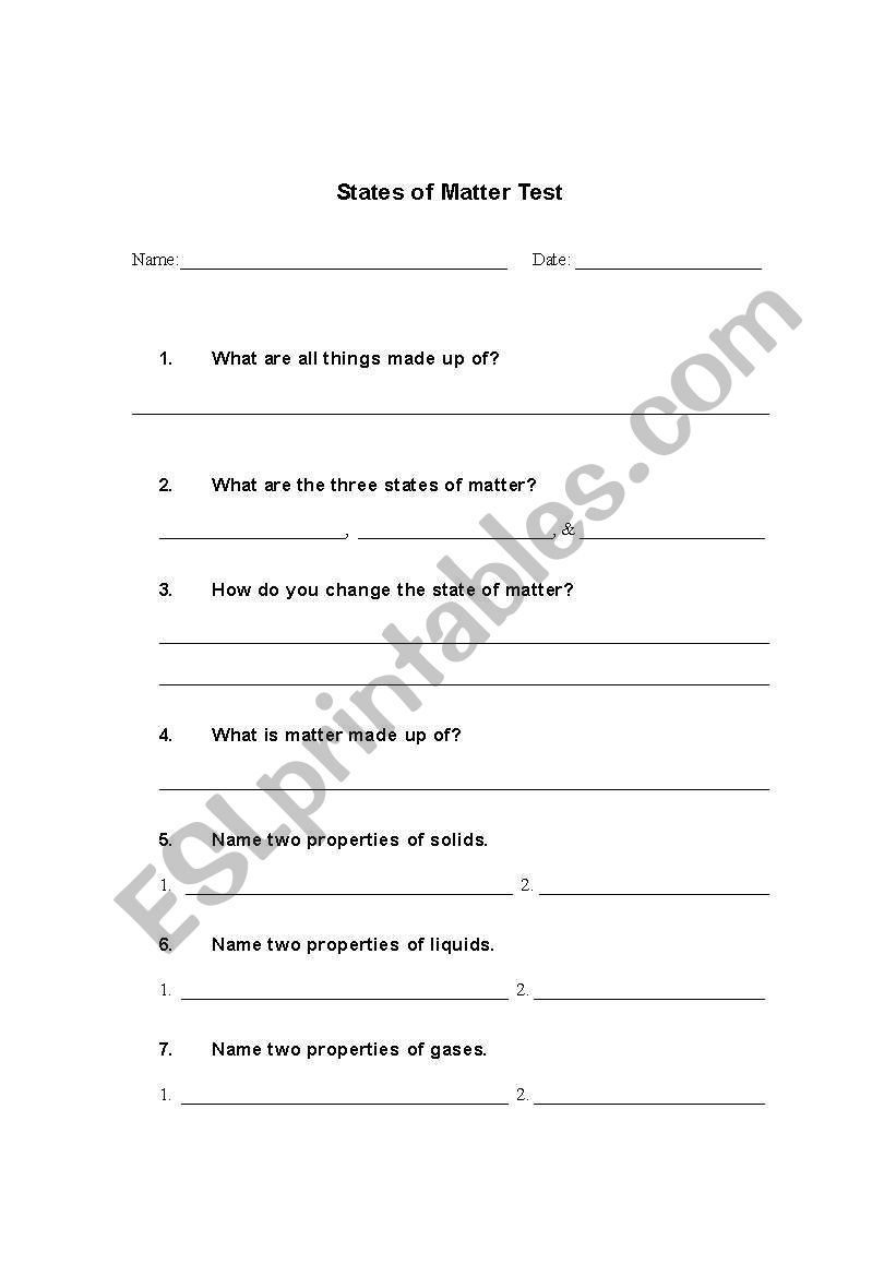 States Of Matter Test worksheet