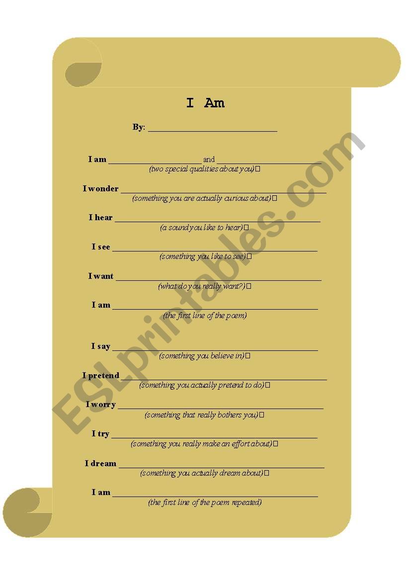 I Am Poem Worksheet