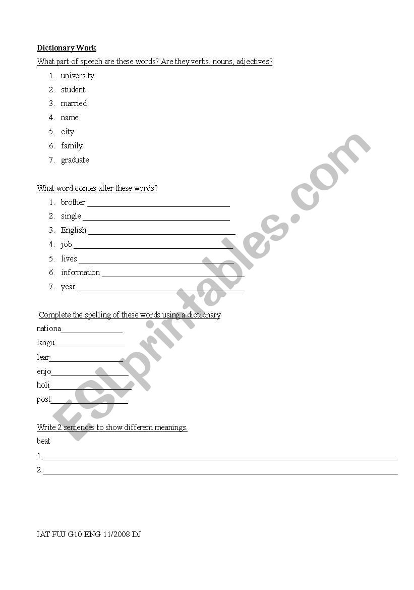 Dictionary Task worksheet