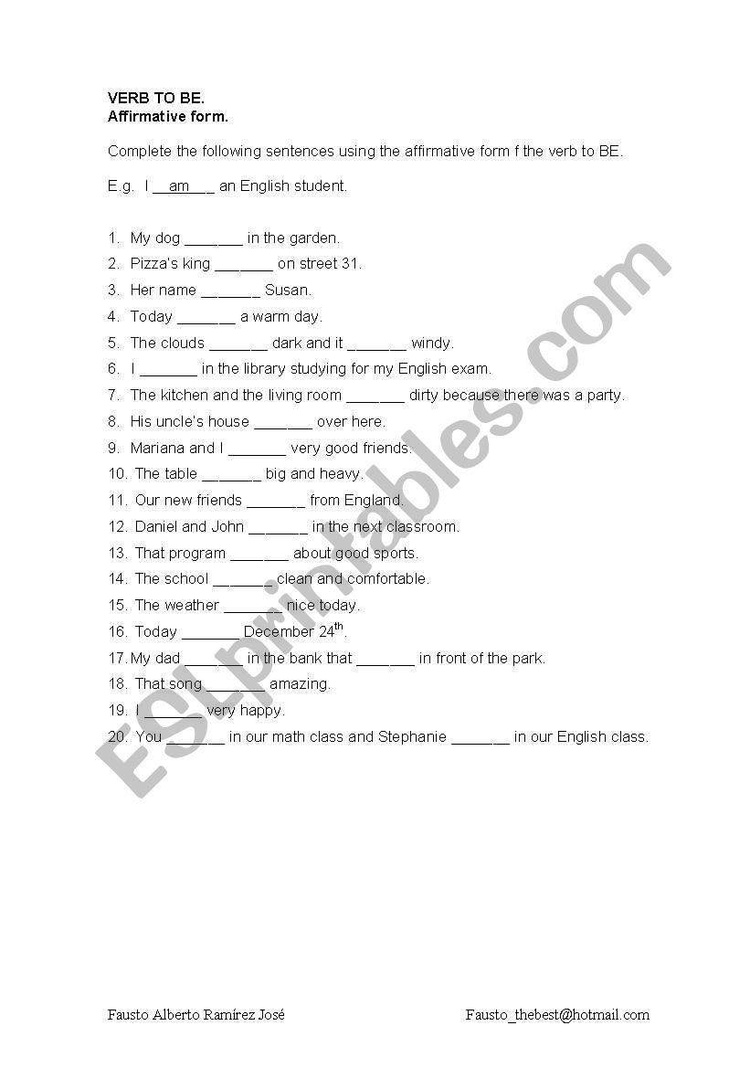 Verb to Be. Affirmative form worksheet