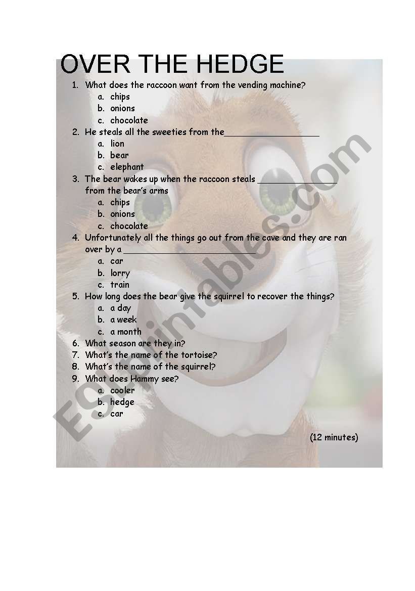 over the hedge worksheet