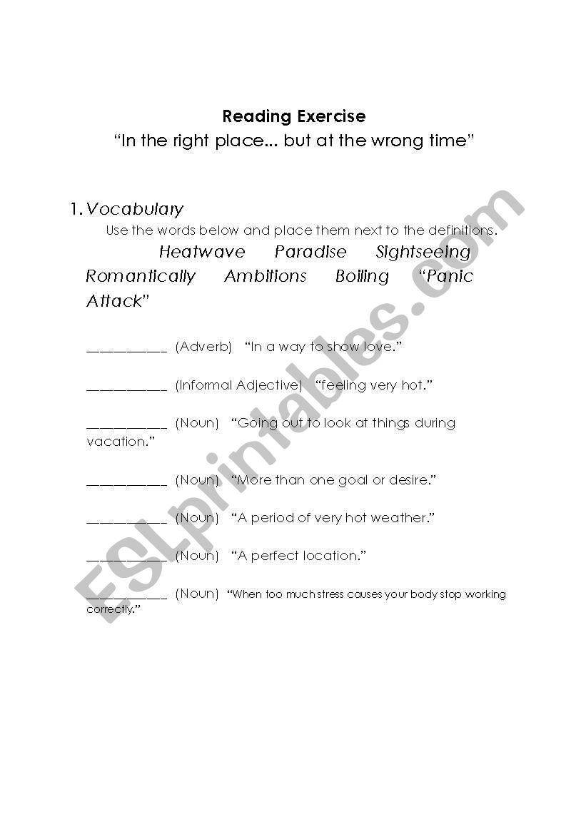 Reading excercise worksheet