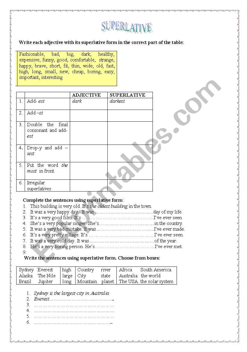 Superlatives worksheet