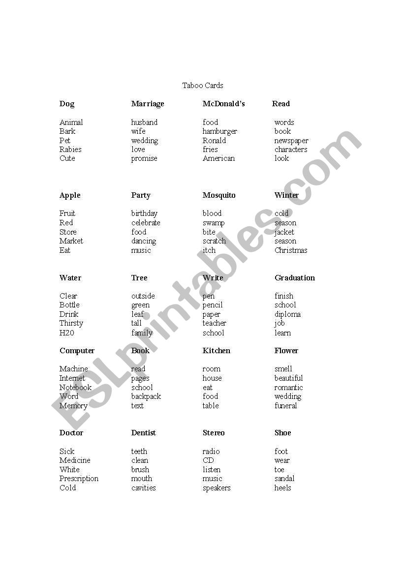 taboo words worksheet