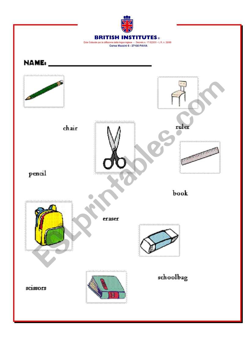 School objects worksheet