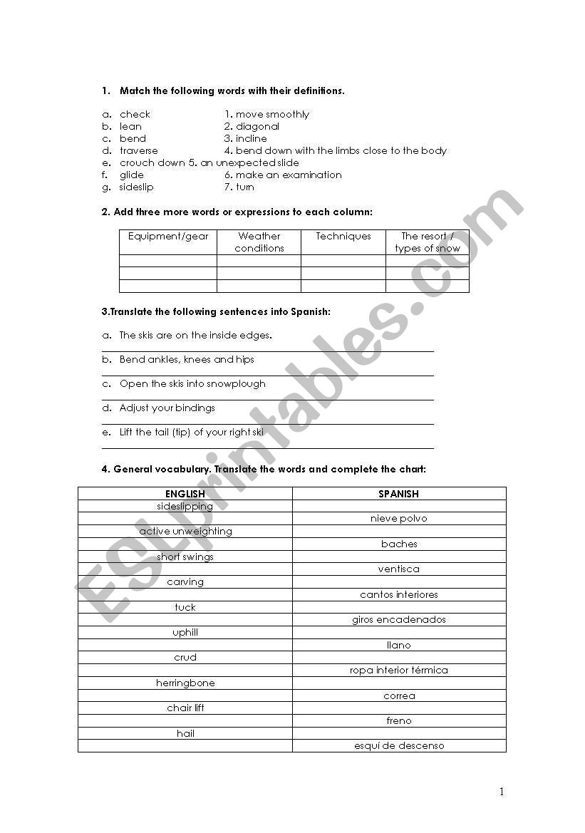 Skiing vocabulary worksheet