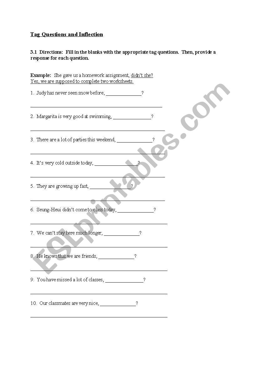 Tag Questions and Inflection worksheet