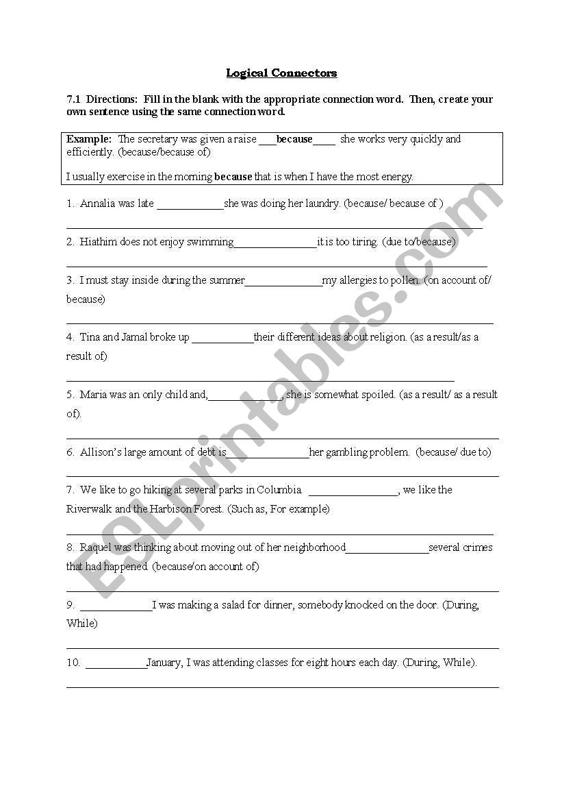 Connection Words worksheet