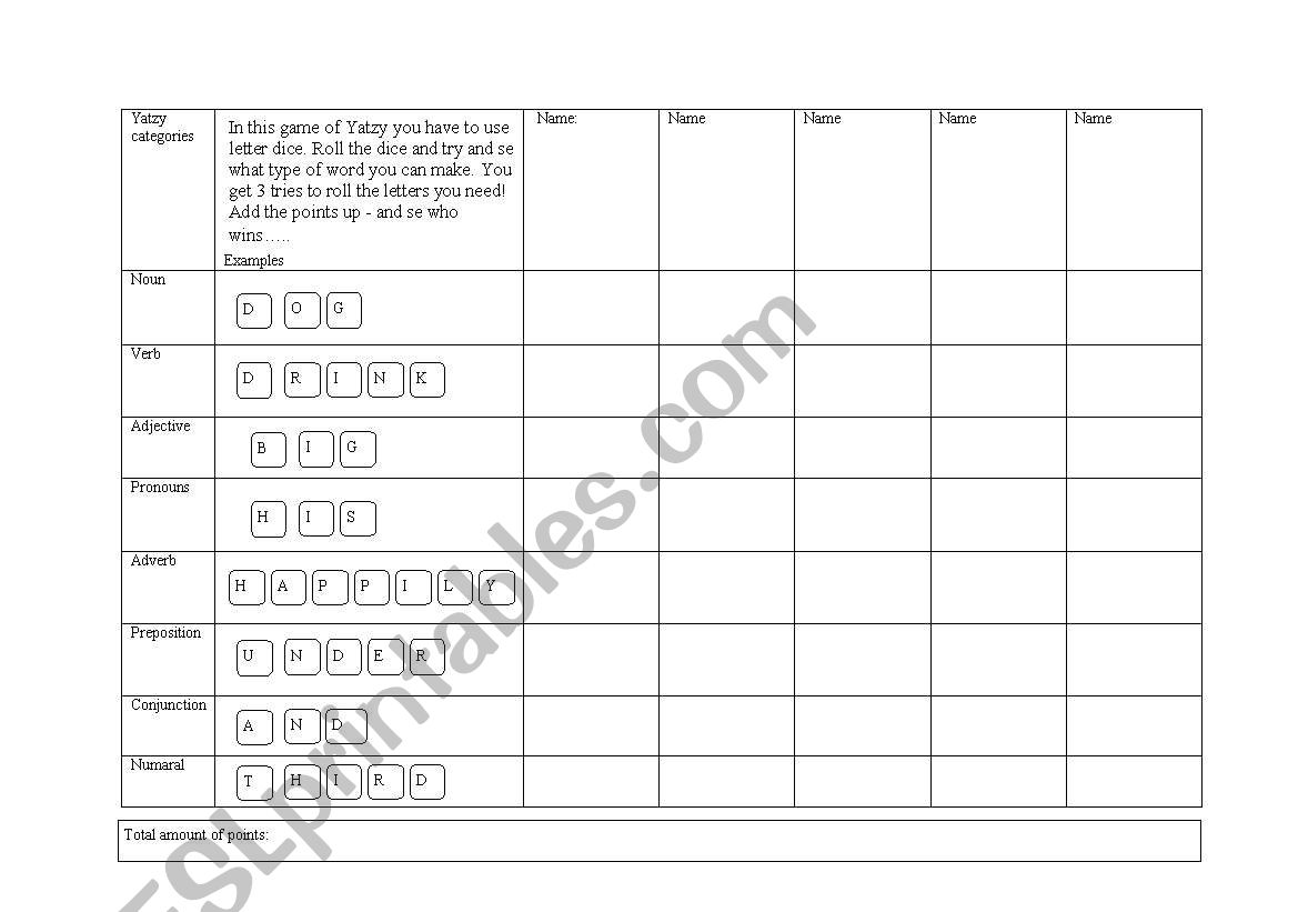 yatzy worksheet