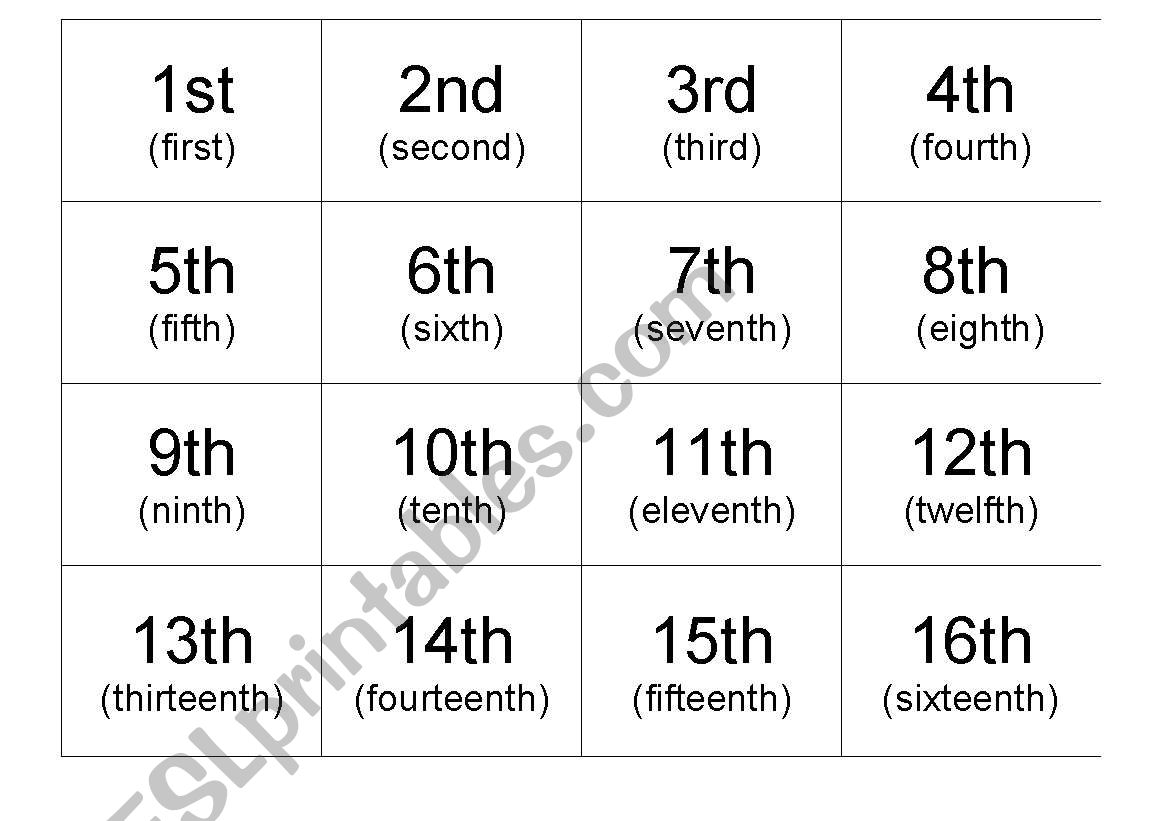 ordinal number flashcards worksheet