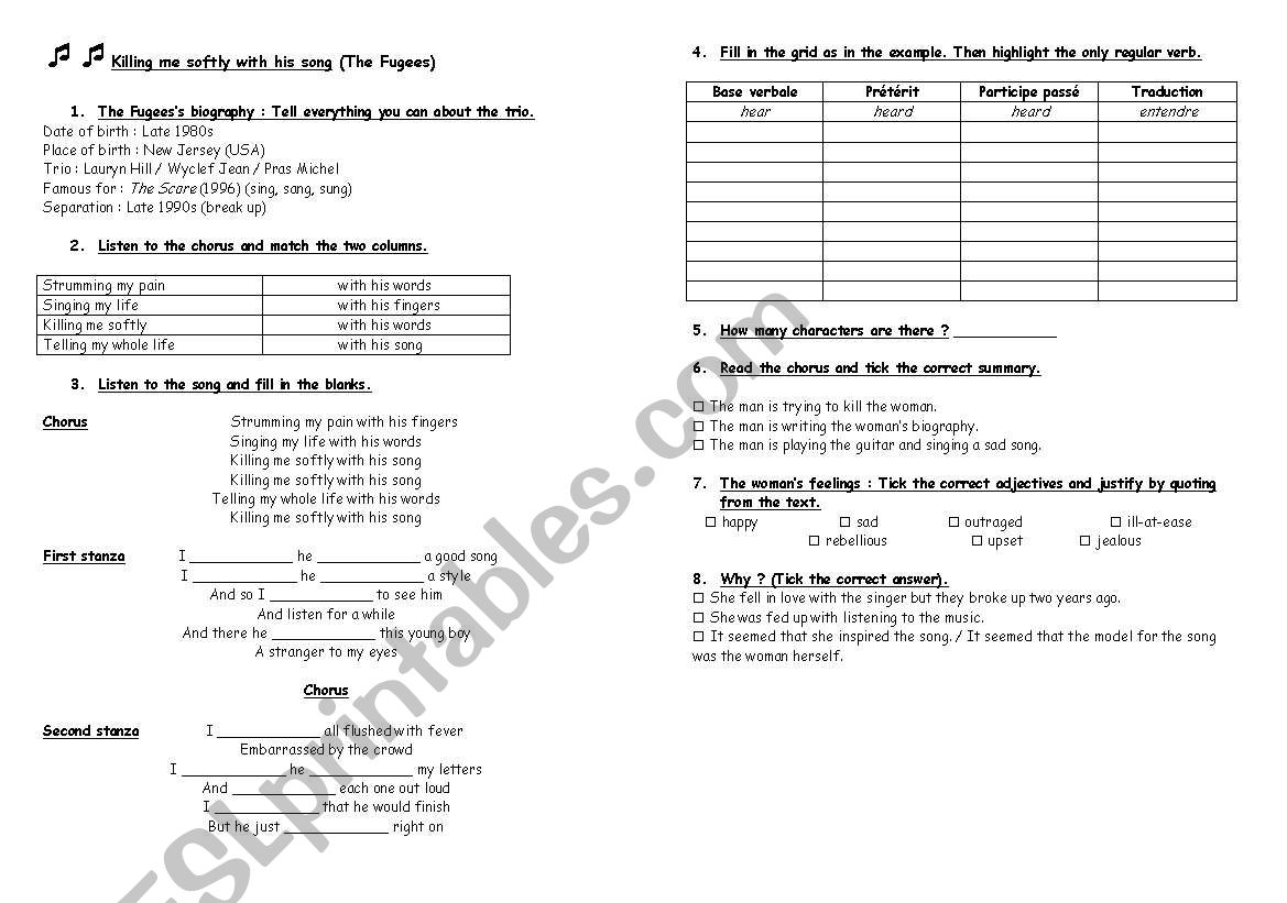 killing me softly worksheet