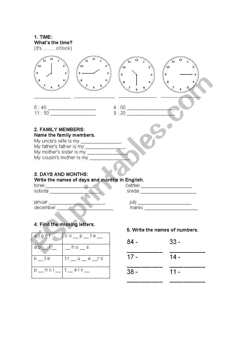 time, names of days, numbers worksheet