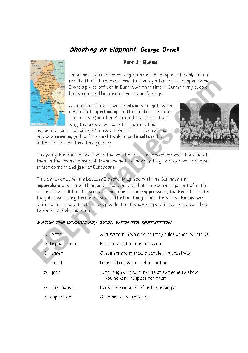 Shooting an Elephant - Orwell worksheet