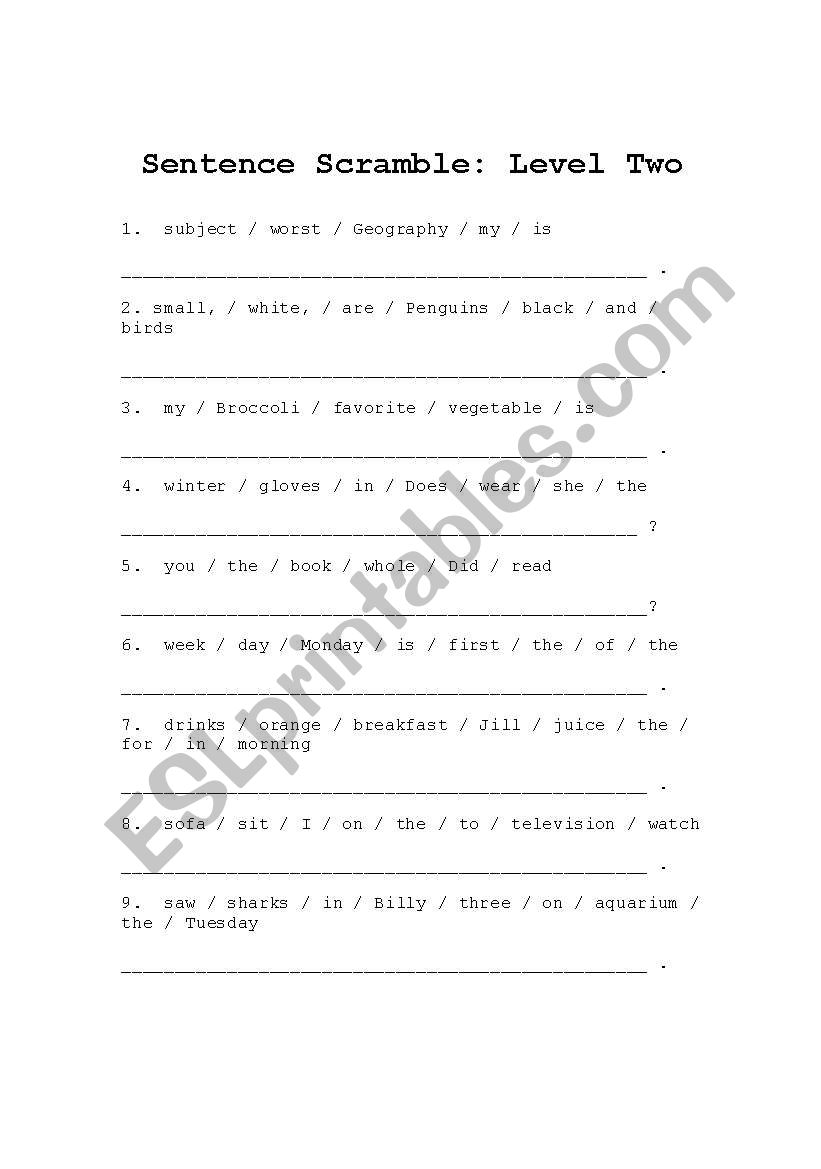 Sentence Scramble-Level Two Vocabulary