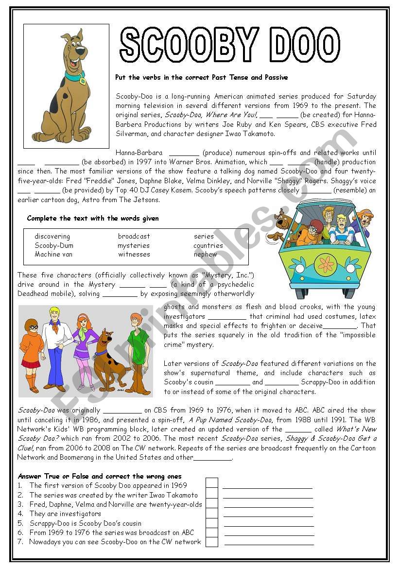Scooby Doo - Past tenses, Cloze and True or False 