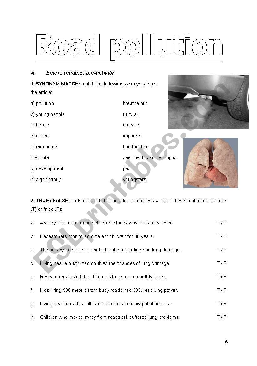 road pollution worksheet