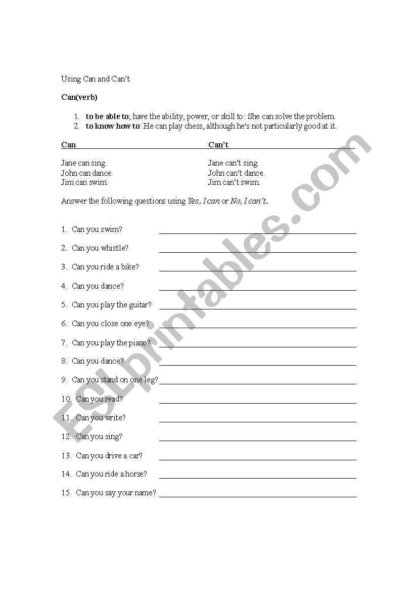 Using Can and Cant worksheet
