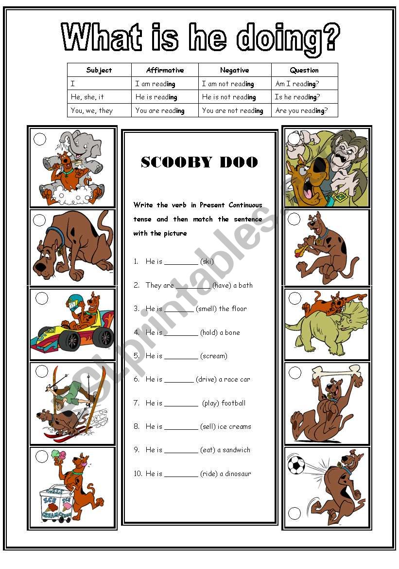 Scooby Doo  (2 pages) - Present continuous, match, cloze and description