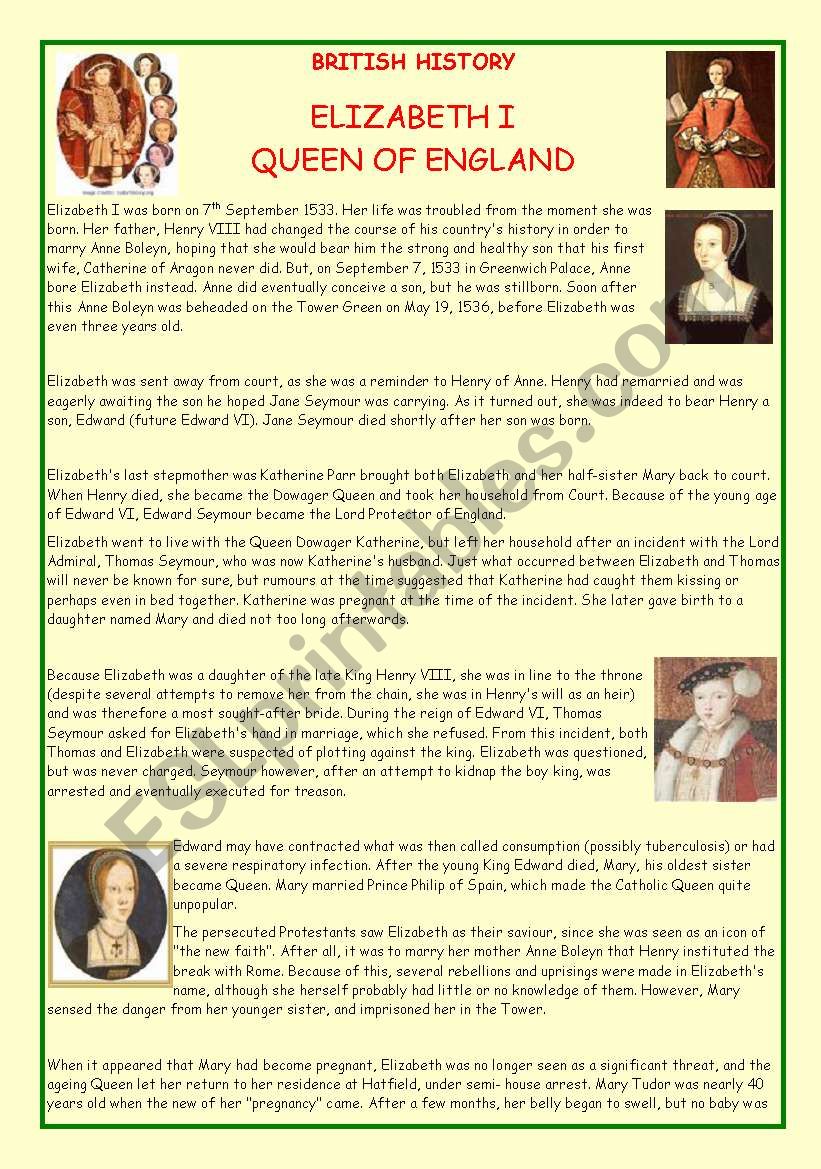 Elizabeth I worksheet