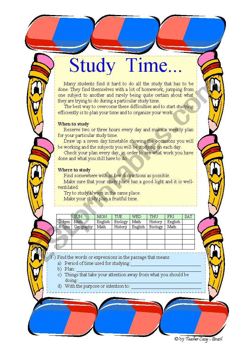 Study Time - 3 pages worksheet