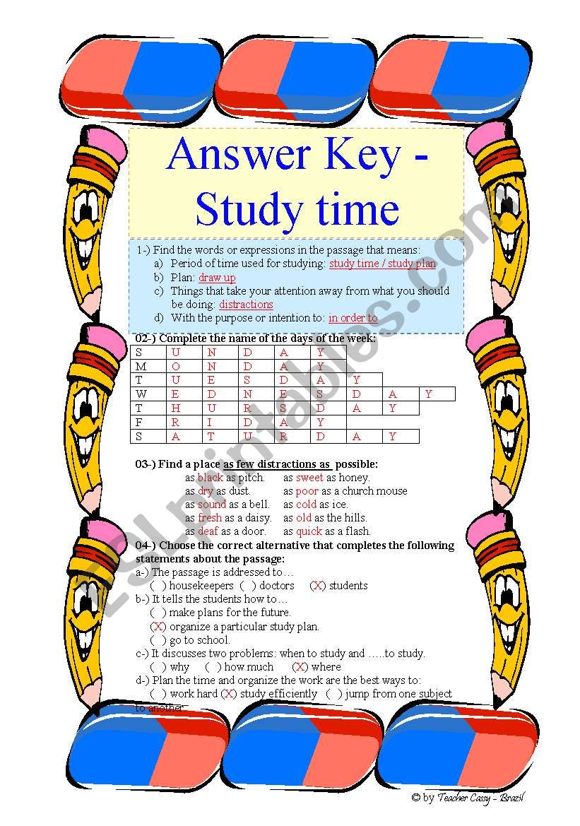 Study Time - 2 PAGES - ANWER KEY