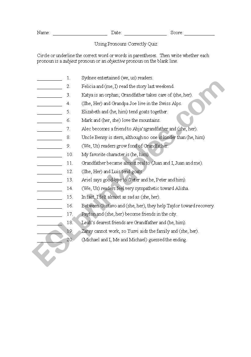 Pronouns Using them correctly worksheet