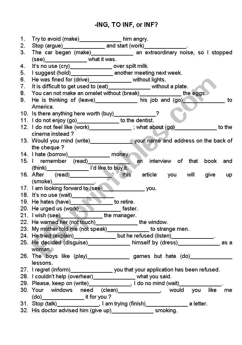 A DOUBLE paged -ing, to -inf  -inf worksheet - 50 assorted exercises