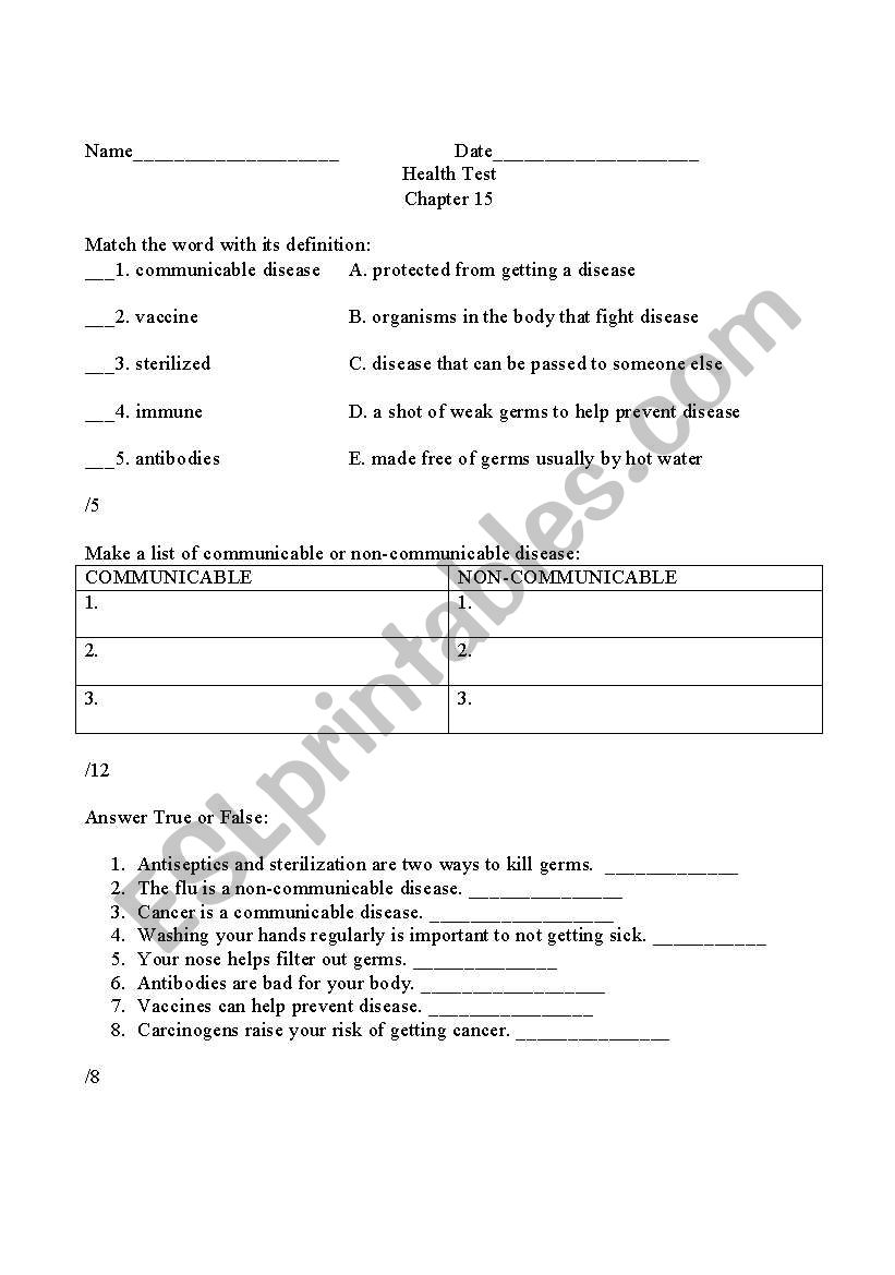 Health Test- Diseases worksheet