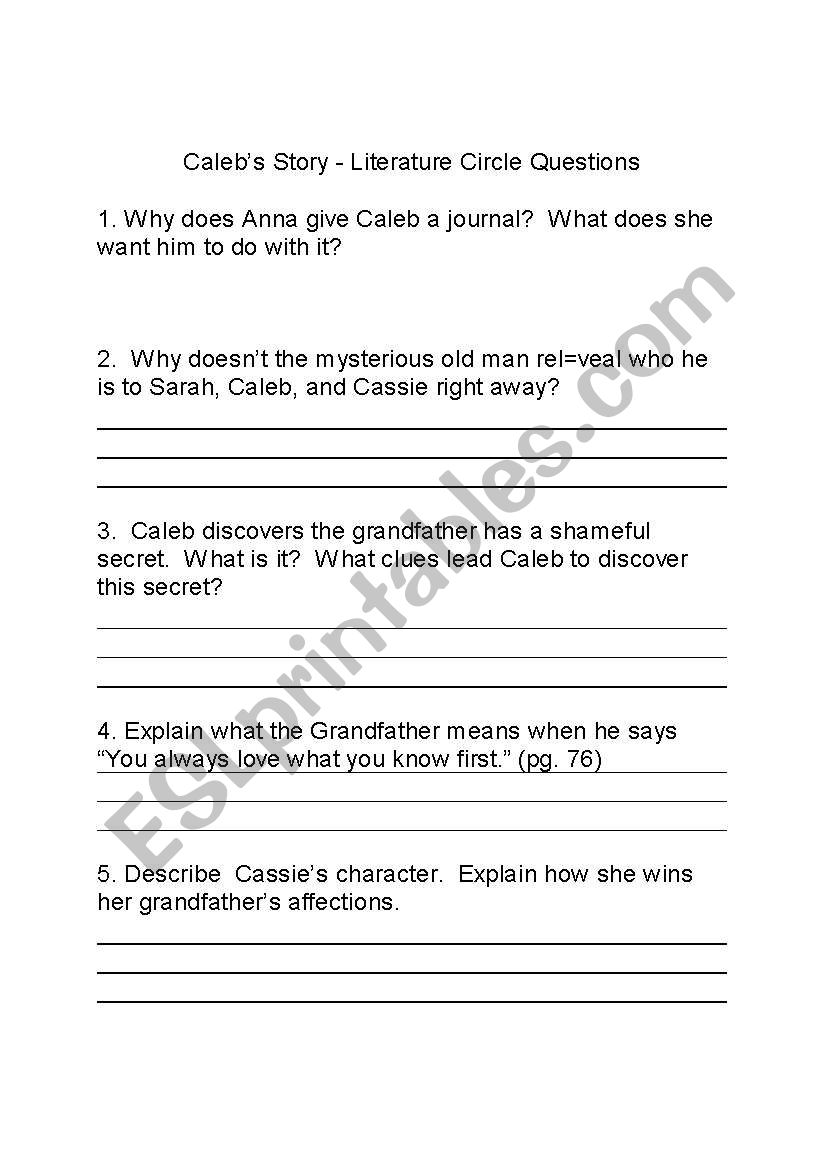 Calebs Story Literature Circle Activities