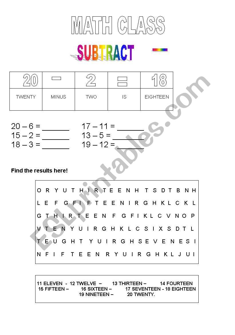Math exercise SUBTRACT worksheet